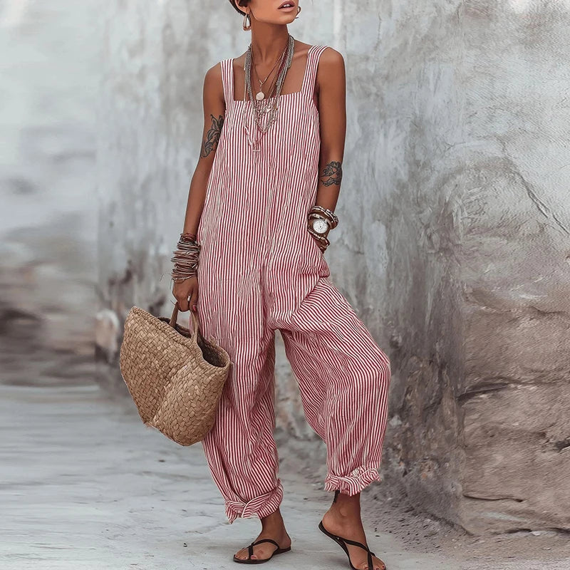 Summer Sleeveless Long Pants Jumpsuit Women Casual Striped Printed Pocket Playsuits For Women Fashion Loose Rompers Blue