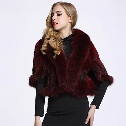 Luxury Ladies Autumn Winter Genuine Knitted Mink Fur Shawls Fox Fur Collar Women Fur Pashmina Wraps Bridal Cape Coat Jacket