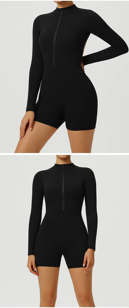 Women V-Back Sports Overalls Zipper Workout Jumpsuit Gym Fitness Suits Sports Bodysuits Female Running Tracksuit Sportswear
