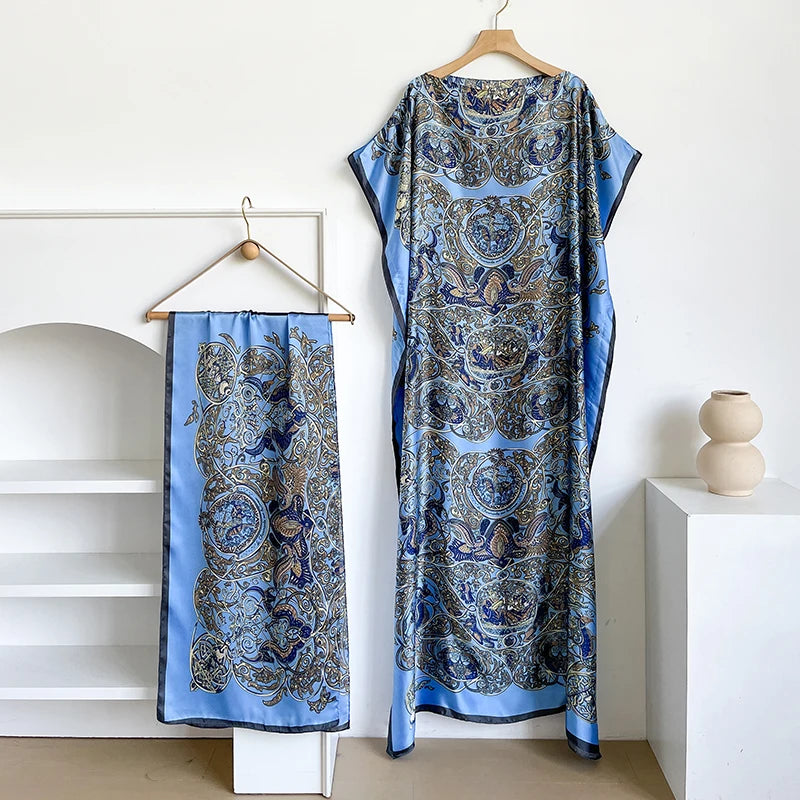 Fashion Summer Kaftan Dress for Women with Big Scarf Loose Abaya Muslim Casual Print Shawl Robe African Style Dubai Turkey