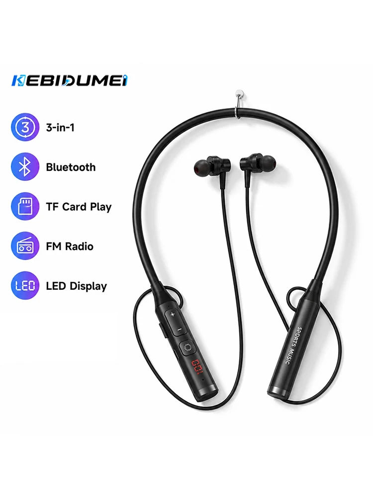 KEBIDUMEI Bluetooth Neckband Earphones Support TF Card Play with FM Radio Wireless Headphones LED Display HiFi Music Headsets