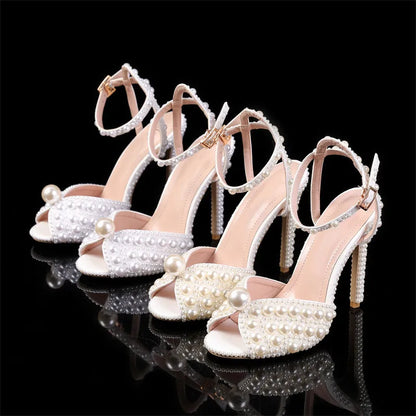 Luxury Handmade Pearl Peep Toe Women Sandals Fashion Summer Wedding Princess Thin High heels Elegant Party Prom Bridal Shoes