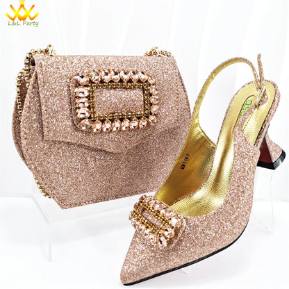 2024 Latest Nigerian Design Italian Women's Comfortable Heels Pointed Toe Sandals Wedding Party Gold Color Shoes and Bags Set