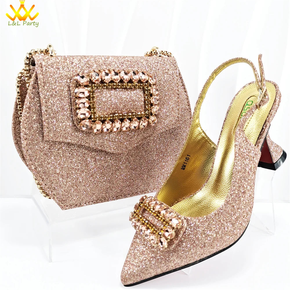 2024 Latest Nigerian Design Italian Women's Comfortable Heels Pointed Toe Sandals Wedding Party Gold Color Shoes and Bags Set