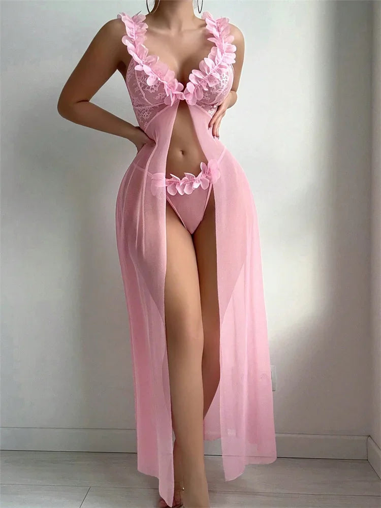Women Babydolls Nighties Pink Floral Sexy Lingerie Dress Exotic Slip Nightdress Deep-V Lace Mesh See Through Nightgowns
