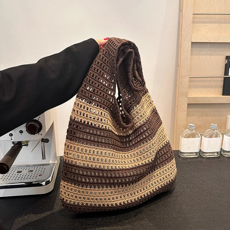 Wool Plush Woven Women Shoulder Bags Ladies Stripe Designer Knitted Braid Handbags Tote Summer Beach Shopper Purses
