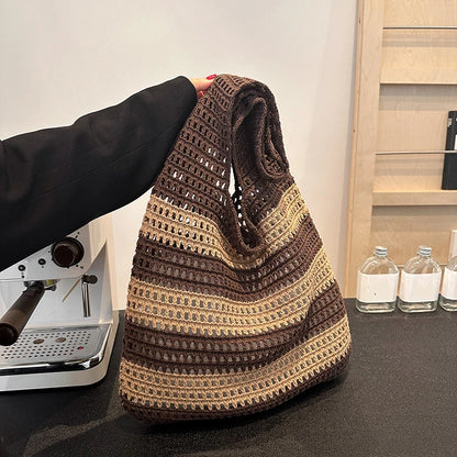 Wool Plush Woven Women Shoulder Bags Ladies Stripe Designer Knitted Braid Handbags Tote Summer Beach Shopper Purses