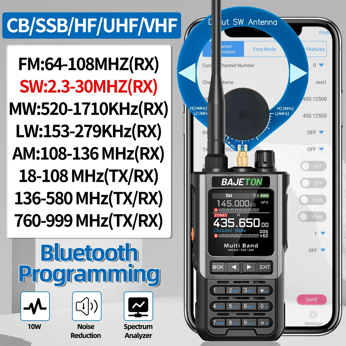 BAJETON BJ-8300 10W Ham Radio Shortwave HF SSB CB Walkie Talkie AM USB LSB CW Bluetooth Programming Handheld Two Way Radio