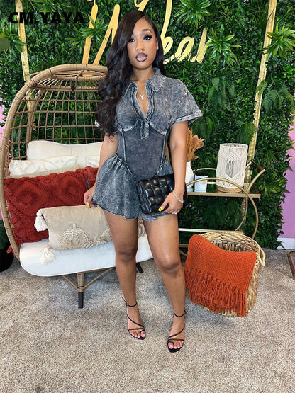 CM.YAYA Women Short Sleeve Washed V-neck Ruched High Waist Flare Short Jumpsuit Streetwear Chic One Piece Suit Romper Playsuit