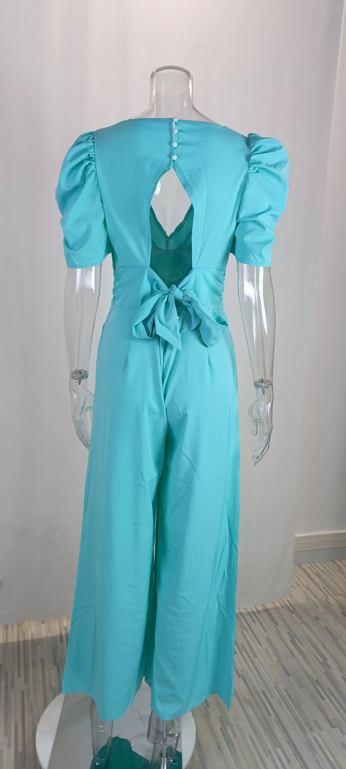 Summer Women's Slim Short Puff Sleeve V-neck Wide Leg Long Jumpsuit Elegant High Waist Ruched  Pocketed Solid color jumpsuits