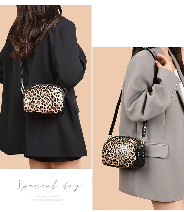New 2025 Womens Small Messenger Bag PU Leather Shiny Shoulder Bag Fashion Saddle Bags Leopard Print Phone Purse Lipstick Storage