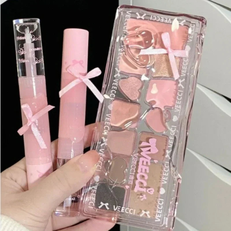 VEECCI Sweet Spicy Girl Ribbon Series Gift Box Makeup Kit Lipstick Eyeshadow Concealer Hair Rope Set Pink Delicate Cute Makeup