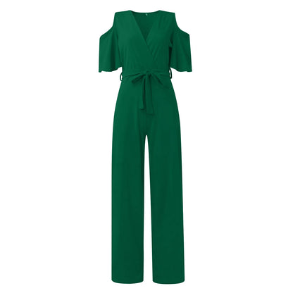 Jumpsuit Summer Pure Color Women Sexy Deep V Neck Short Sleeve Rompers Fashion Slim Fit Lace Up Elegant Female Wide Leg Jumpsuit