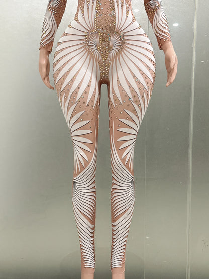 White Printing Shinning Diamonds Sexy Elastic Sheath Long Jumpsuit Evening Party Performance Bar DJ Nightclub Singer Stage Wear