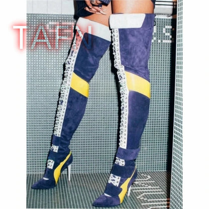 Women Patchwork Suede Leather Thigh High Boots Stiletto Heel Over Knee Boots Belt Slim Long High Heels Club Dress Party Shoes