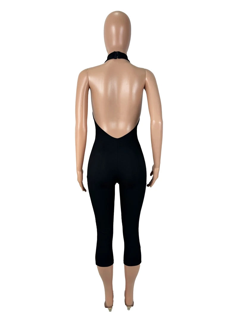 STYLISH LADY Sporty Calf Length Jumpsuits 2025 Autumn Women Halter Backless Bodycon Sexy Club Party Skinny Solid Color Jumpsuit
