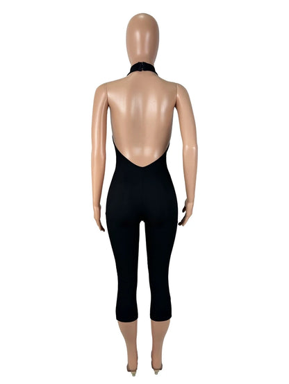 STYLISH LADY Sporty Calf Length Jumpsuits 2025 Autumn Women Halter Backless Bodycon Sexy Club Party Skinny Solid Color Jumpsuit