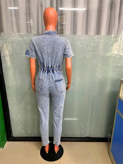 Fashion Denim Jumpsuit Summer Clothes Women 2026 Short Sleeve Button Up Pencil Jeans Rompers Playsuits One Piece Overalls Outfit