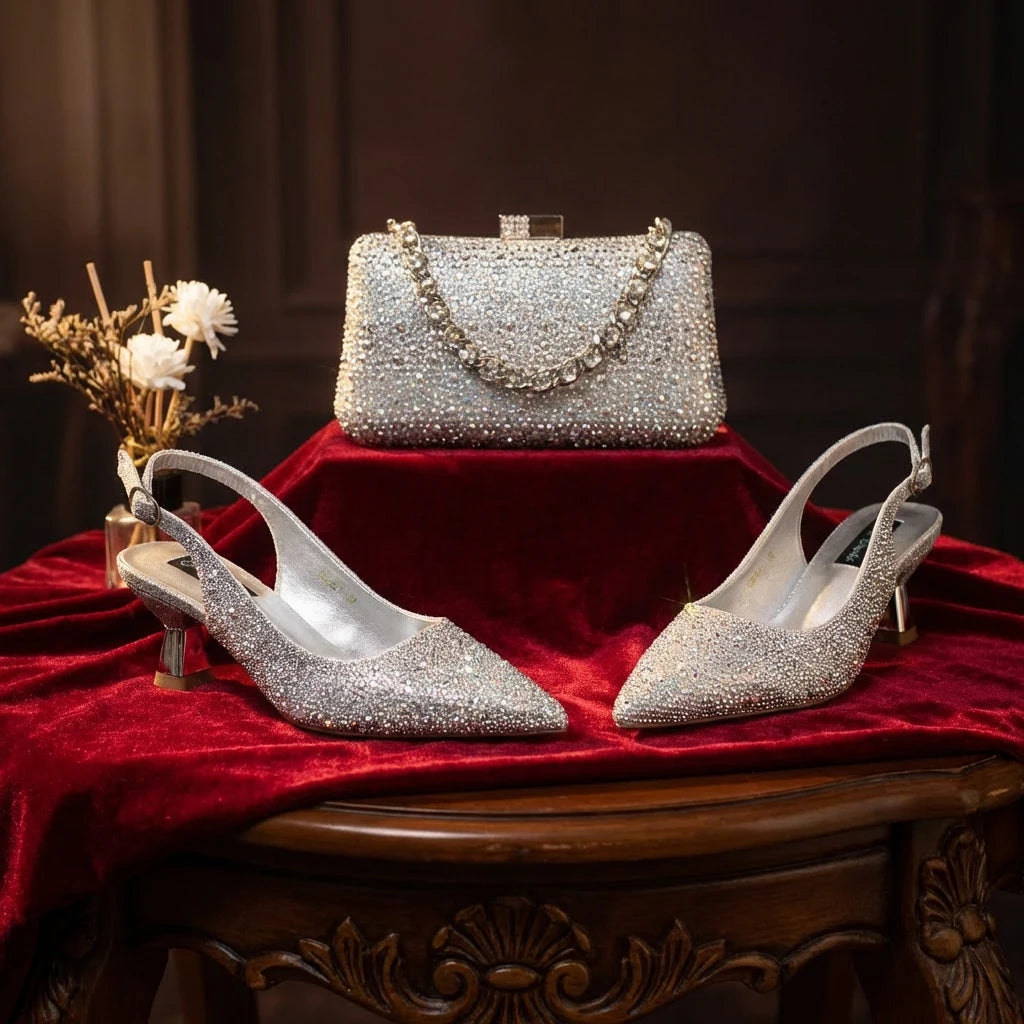 2026 Nigerian Women Heel Ladies Italian Luxury Design Green Shoes And Bag Set Decorated with Rhinestone Handbag Wedding Party