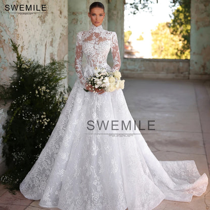 SWEMILE Customized Classic Vintage High Neck Lace Applique Wedding Dresses Cut Out Tulle Outdoor Bridal Gowns Bride Party Dress