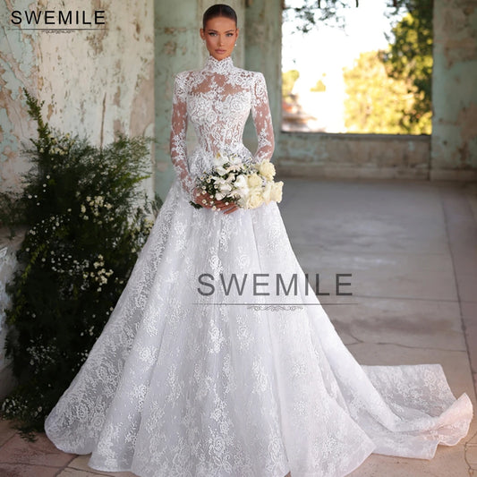 SWEMILE Customized Classic Vintage High Neck Lace Applique Wedding Dresses Cut Out Tulle Outdoor Bridal Gowns Bride Party Dress