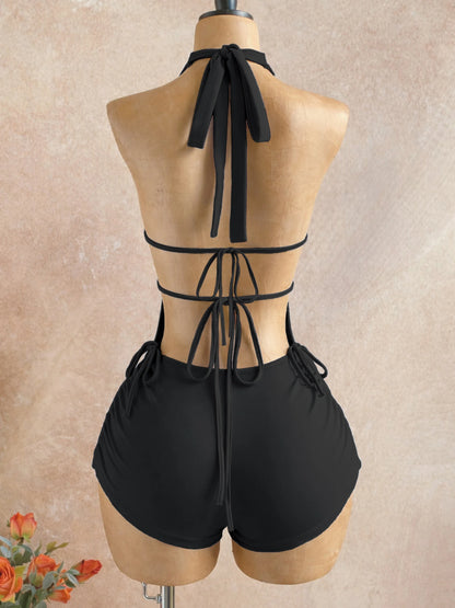 Black Halter Neck Deep V Cutout Tie-Front One-Piece Shorts with Side Drawstring Beach Jumpsuit, Women's Slim Fit Sleeveless Halter Cutout Tight Short Jumpsuit Vacation Outfit
