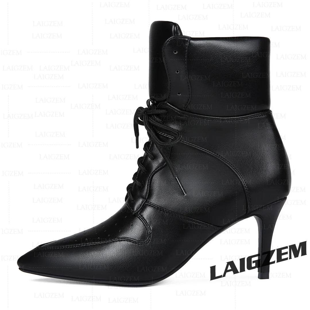 LAIGZEM Women Ankle Boots 7.5CM Thin High Heels Short Boots Lace up Faux leather Ladies Shoes Woman Large Size 38 41 45 47