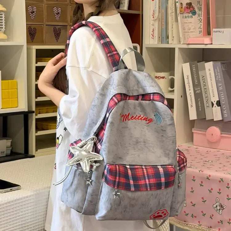 Preppy Style Blue Backpack for Girls, Plaid Spliced School Bag, Cute Nylon Daypack Star Pendant, Large Capacity Student Rucksack