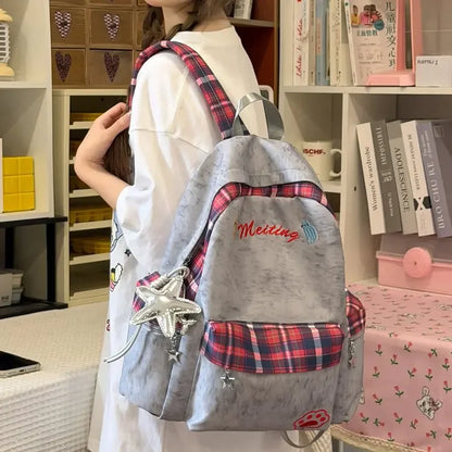 Preppy Style Blue Backpack for Girls, Plaid Spliced School Bag, Cute Nylon Daypack Star Pendant, Large Capacity Student Rucksack