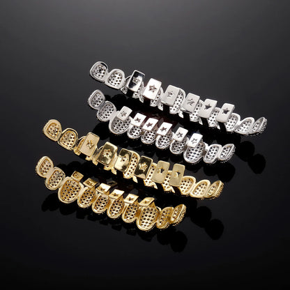 TOPGRILLZ Iced Out 10 Top &10 Bottom 5A CZ Stones Teeth Grillz Punk Rapper 14K Gold Plated Zircon Tooth Caps For Mouth Jewelry