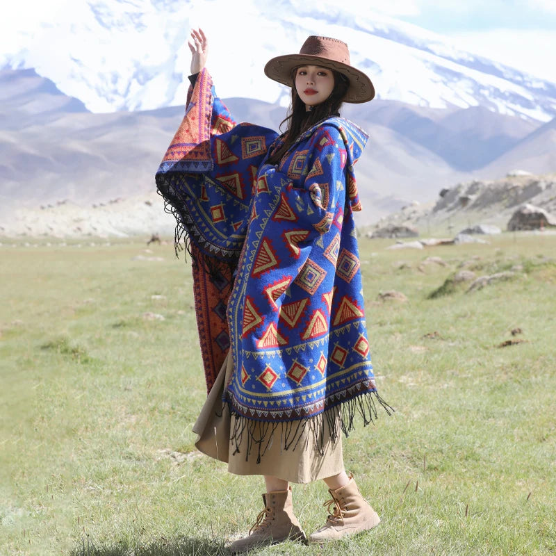 GypsyLady Bohemian Vintage Chic Cloaks Capes Hooded Blue Women Autumn Warm Knitted Ethnic Capes Tassels Cloak Poncho Outwear New