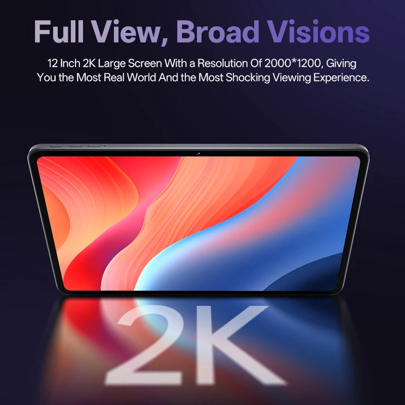 SVITOO Tablet 2026 Android 16 12 Inch 2000 x 1200 2K Display IPS Large Screen Unisoc T7250 Octa-Core Processor 6GB Physical RAM + 24GB Virtual RAM 128GB ROM 1TB Expandable 8800mAh Battery 2.4GHz 5GHz Dual Band WiFi 5 Bluetoot