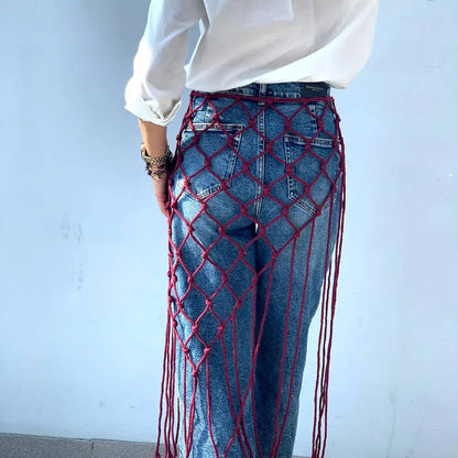 Bohemian Bikini Cover Up Skirt Netted Fringe Scarf Shawl Decorative Tassel Ethnic Handwoven Mesh Tassel Waistband Butt Curtain