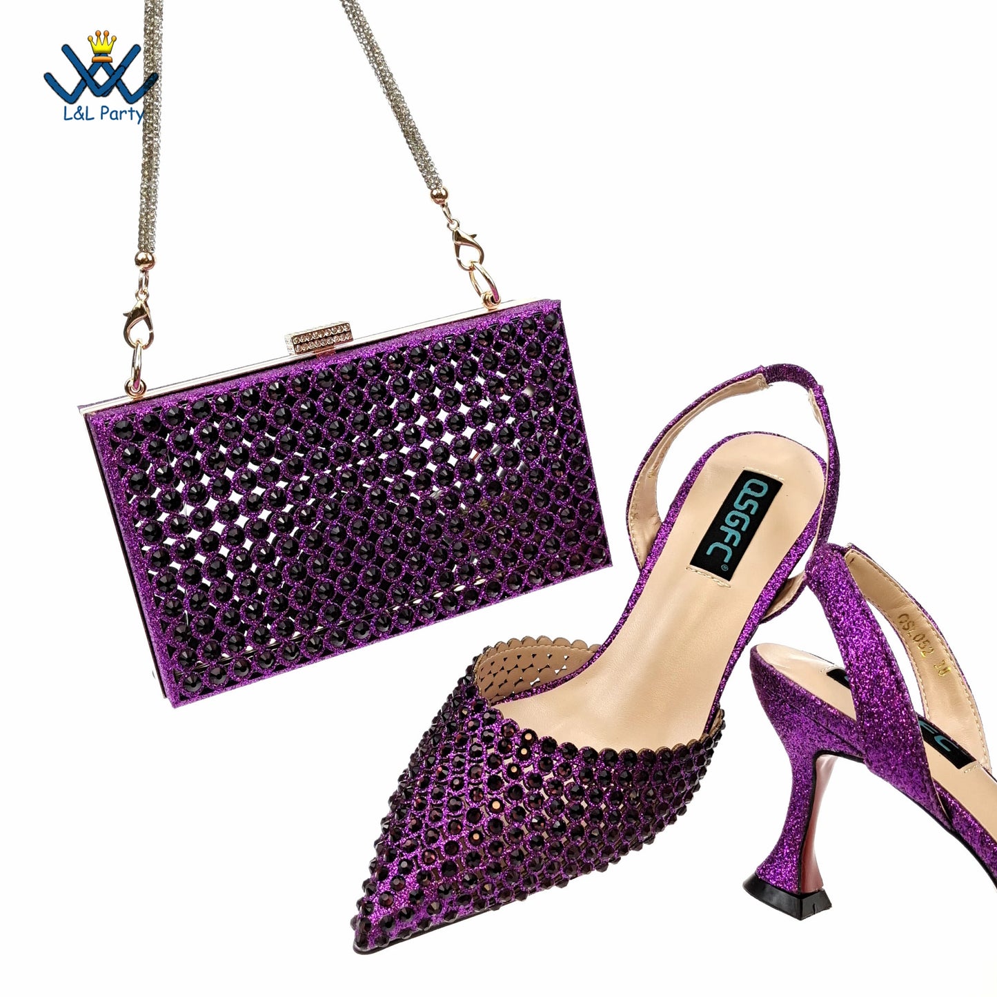 Dark Purple Spring Autumn Pointed Toe Square Heel Shoes and Bag Set For Nigerian Women Wedding Party