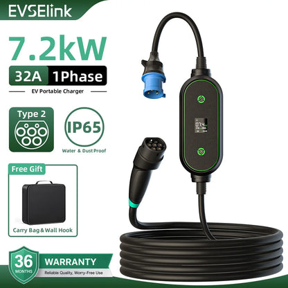 EVESLink 7KW Type2 Portable Electric Vehicle Charging GBT 32A 1Phase Car Fast Charger with 5M Cable for EV Cars