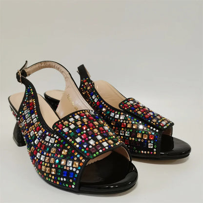 Hot Selling Blue Mid Heel Women Crystal Design Sandal with Rhinestone Bag Set For Lady Party Rhinestone Sandal Shoes F1207-3
