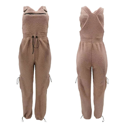 Lace Up Jumpsuit Women One Piece Jumpsuits Fur Rompers High Waist Spring Autumn Pants Mom Overalls Playsuits Elegant Pink