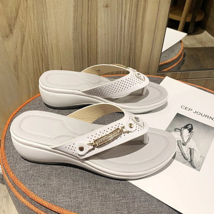 Sandals for Women Flip Flops Metal Button Slides Slipper Beach Dance Non-slip Casual Wedge Shoes Female Summer Slippers Sandals