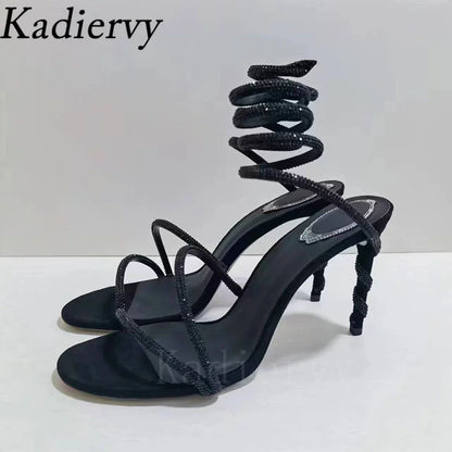 Luxury High Heels Sandals Woman Rhinestone Snake Twine Around Ankle Strap Wedding Shoes Stiletto Summer Gladiator Sandals Women