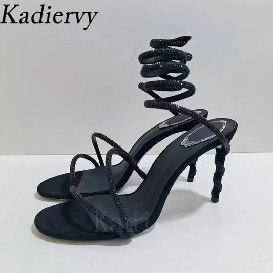Luxury High Heels Sandals Woman Rhinestone Snake Twine Around Ankle Strap Wedding Shoes Stiletto Summer Gladiator Sandals Women