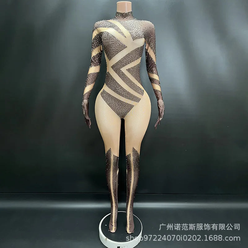 Sexy Full Diamond Long Sleeved Jumpsuit Ballroom Pole Dancer Performance Outfit Fashionable Club Suit Women's Photography