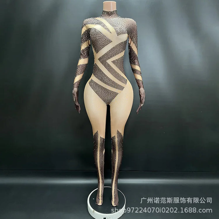Sexy Full Diamond Long Sleeved Jumpsuit Ballroom Pole Dancer Performance Outfit Fashionable Club Suit Women's Photography