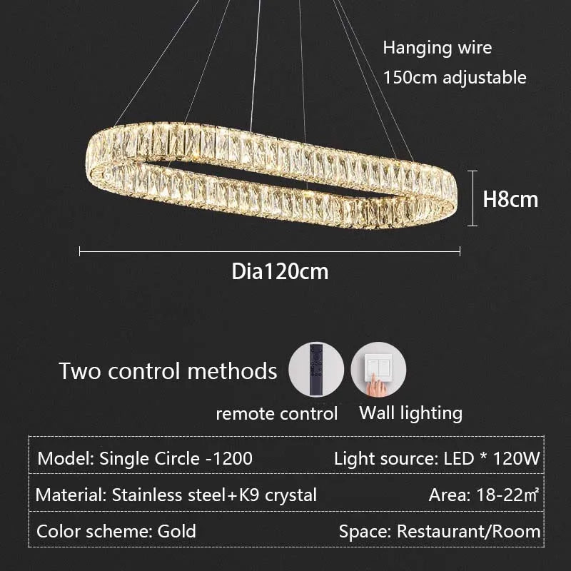 Modern LED Luxury Crystal Chandelier Villa Staircase Living Room Dimming Circular Gold Chandelier Home Lighting Indoor Light