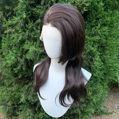 13X4 Glueless Synthetic Lace Front Wigs Brown Color Natural Wave Shoulder Length Layer Ponytails Short Cut Cosplay Wig for Women