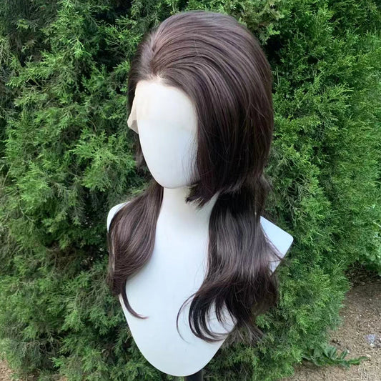 13X4 Glueless Synthetic Lace Front Wigs Brown Color Natural Wave Shoulder Length Layer Ponytails Short Cut Cosplay Wig for Women