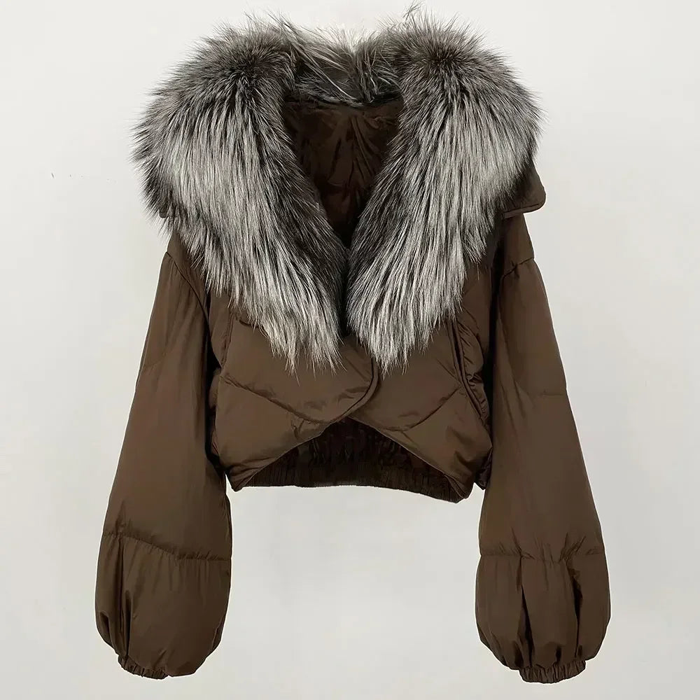 Winter Female White Duck Down Jacket Luxury Loose Short Fashion Casual Women Warm Real Fox Fur Coat Long Sleeve Puffer Jacket