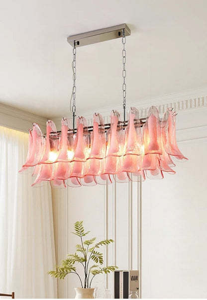 French Murano Petal Glass Chandelier Dining Table Living Room Antique Style Pink Petal Glass Pendant Chandelier Lights Bedroom