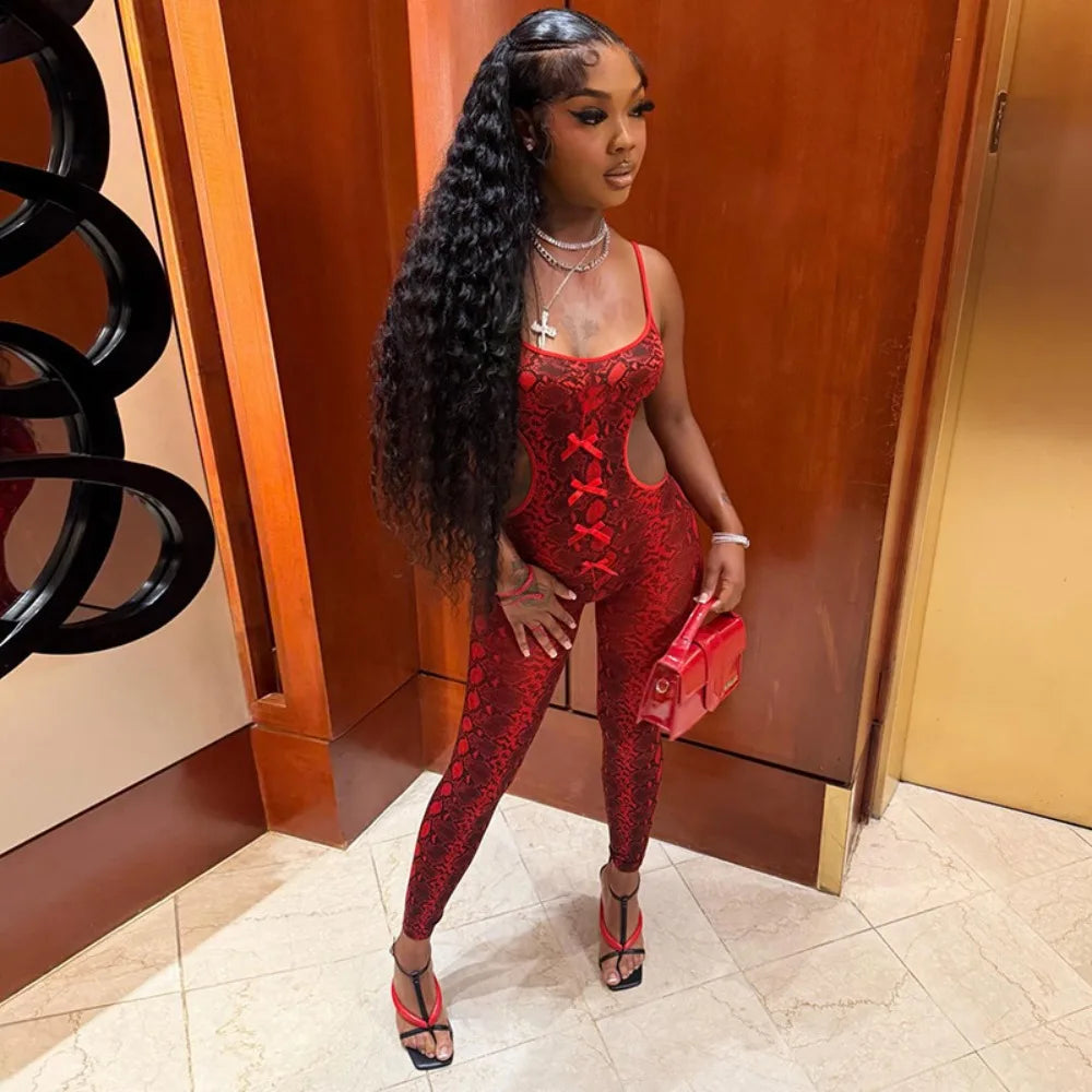 FLARORA Sexy Serpentine Print Jumpsuits Woman Hipster Sling Hollow Backless Skinny Jumpsuit Hottie Party Club Street Overalls