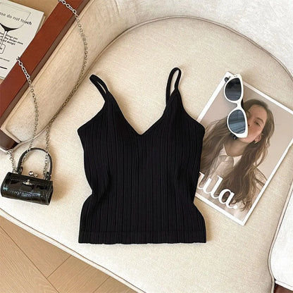 Fashion V Neck Sleeveless Summer Knit Tank Top White Women Black Casual Basic T Shirt Off Shoulder Camis Sexy Backless Crop Tops
