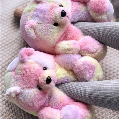Cute Teddy Bear Plush Winter Slippers, Wrapped Heel Funny Indoor Floor Shoes, Women Gift, Warm Soft Cartoon Fluffy Animal Slippe